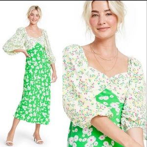 Floral Green Dress with Puff Sleeves